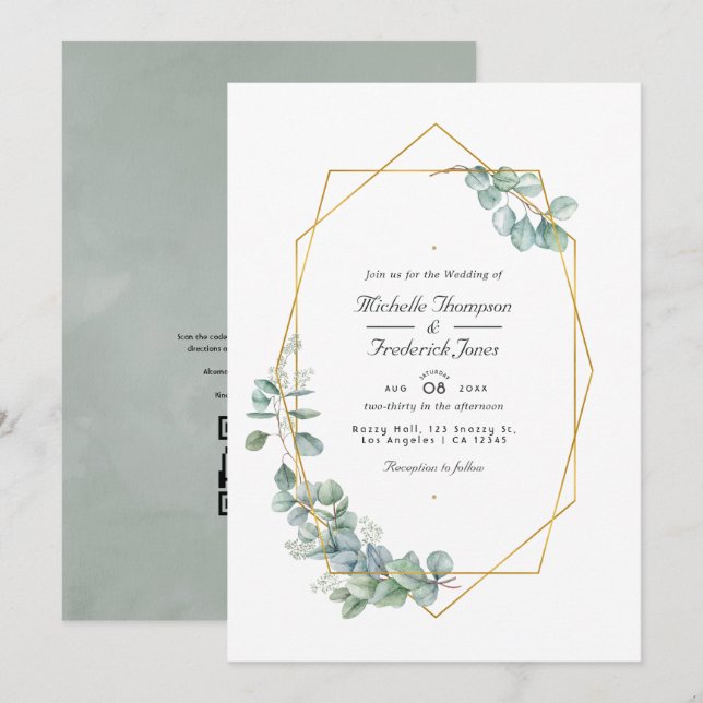 Invitación Boda con código QR geométrico de eucalipto Sage Pl (Anverso / Reverso)