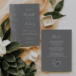 Invitación Boda con Código QR Gris Brillo Plateado Moderno
