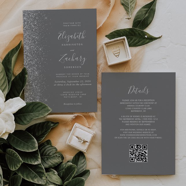 Invitación Boda con Código QR Gris Brillo Plateado Moderno (Subido por el creador)