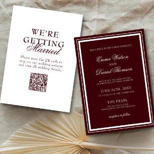 Invitación Boda con código QR minimalista elegante rojo borgo