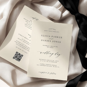 Invitación Boda con código QR minimalista moderno de marfil n