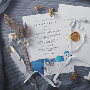 Invitación Boda con código QR moderno de Santorini Grecia acu