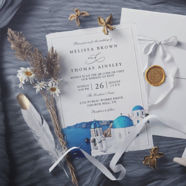 Invitación Boda con código QR moderno de Santorini Grecia acu (Subido por el creador)