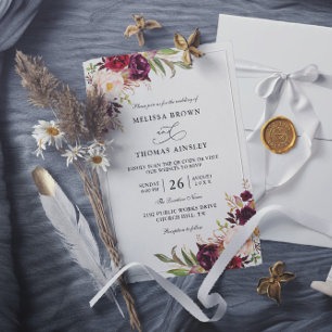 Invitación Boda con Código QR Presupuestario Chic Floral Rojo
