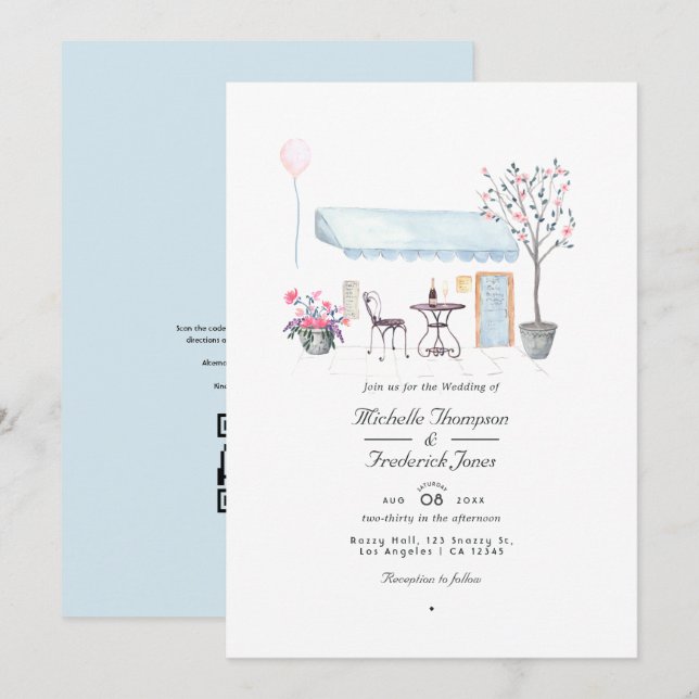 Invitación Boda con código QR RSVP de acuarela París (Anverso / Reverso)