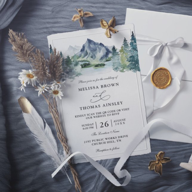 Invitación Boda con código QR rústico de acuarela de montaña  (Subido por el creador)