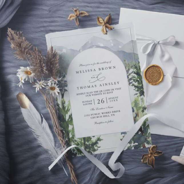Invitación Boda con Código QR Rústico de Bosque de Montaña en (Subido por el creador)