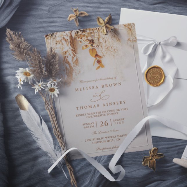 Invitación Boda con código QR rústico de flores de otoño boho (Subido por el creador)