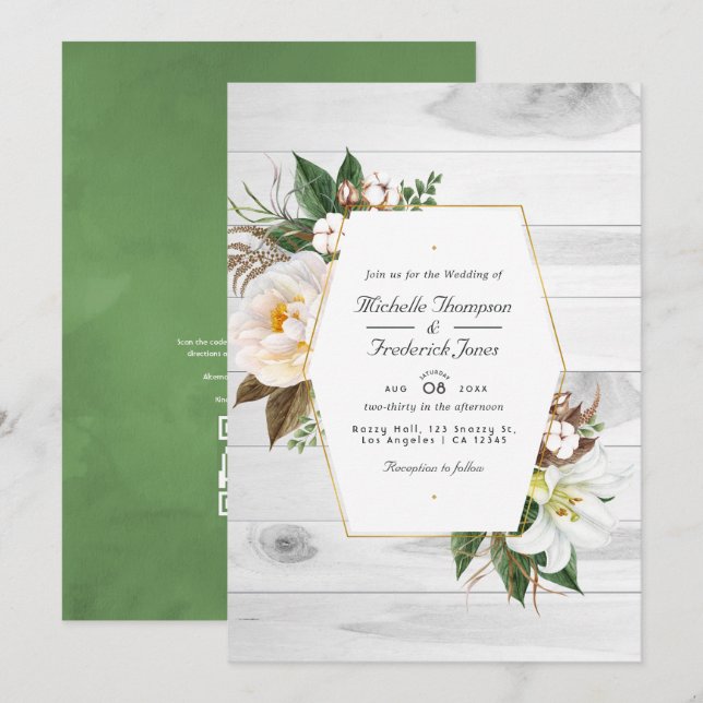 Invitación Boda con código QR rústico de granero campestre co (Anverso / Reverso)
