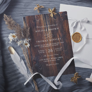 Invitación Boda con código QR rústico de madera texturizada