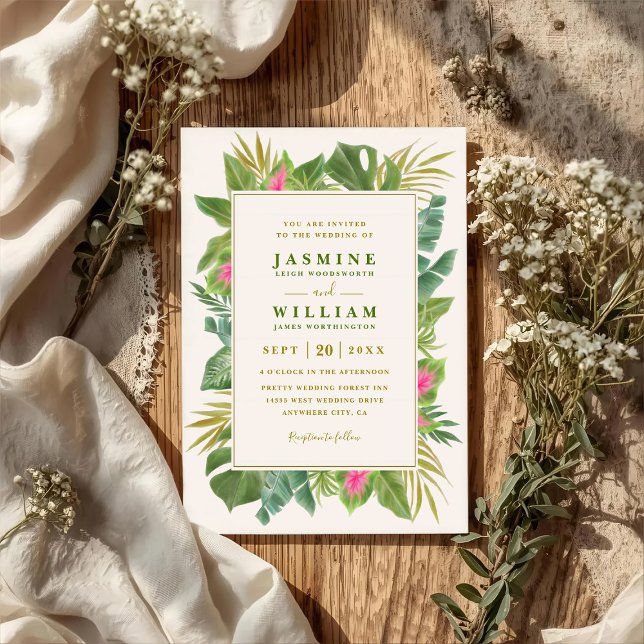 Invitación Boda con código QR verde elegante marco tropical (Subido por el creador)