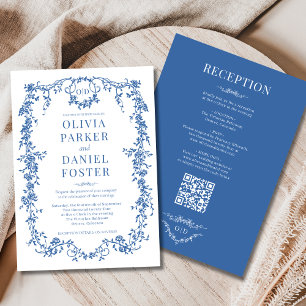 Invitación Boda con código QR victoriano azul real todo en un