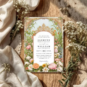 Invitación Boda con código QR vintage de flores silvestres de