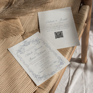 Invitación Boda con código QR Vintage Dusty Blue Old Money