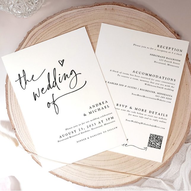 Invitación Boda con Corazón Moderno Código QR (Elegant handwriting wedding invitation with heart and details on back (all in one invite))