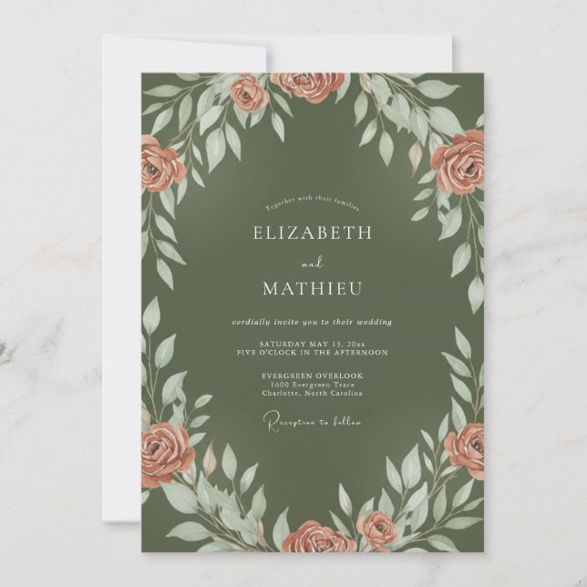 Invitación Boda con corona de arcilla oliva (Anverso)