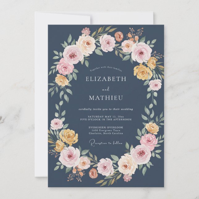 Invitación Boda con corona de durazno y pizarra (Anverso)