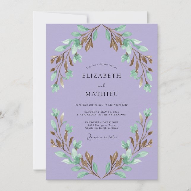 Invitación Boda con Corona de Follaje Lila (Anverso)