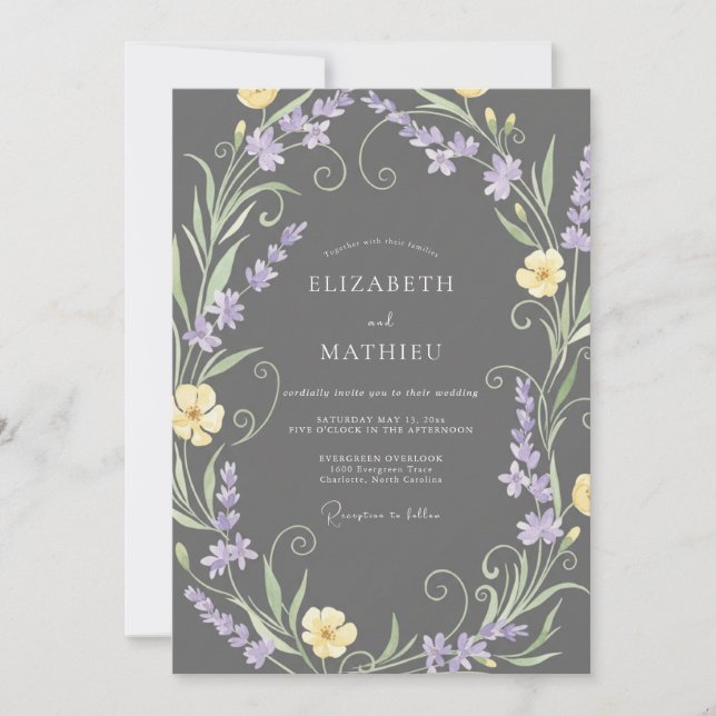 Invitación Boda con Corona de Lavanda y Carbón (Anverso)