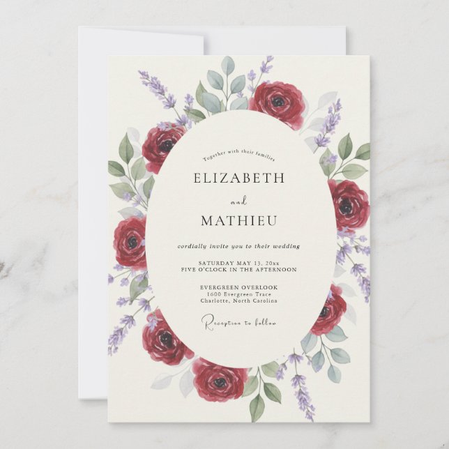 Invitación Boda con Corona de Lila Granate (Anverso)