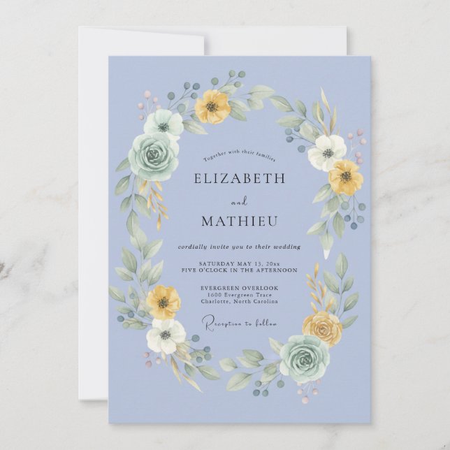 Invitación Boda con Corona de Mostaza y Periwinkle (Anverso)