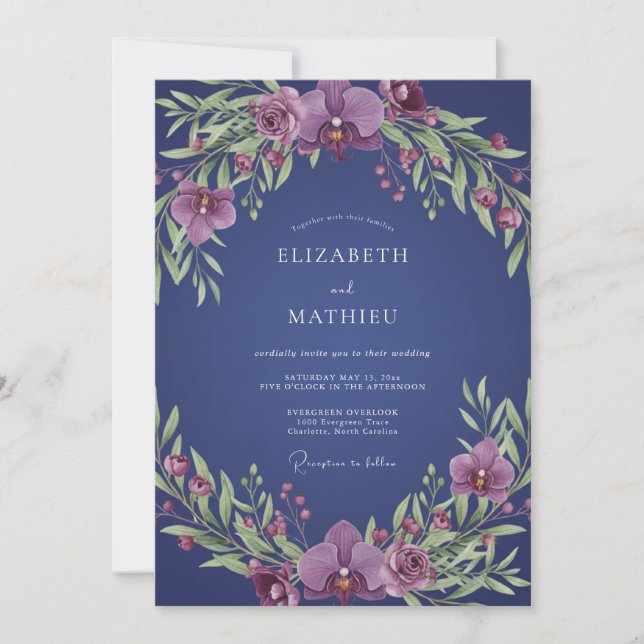 Invitación Boda con Corona de Orquídea Índigo (Anverso)