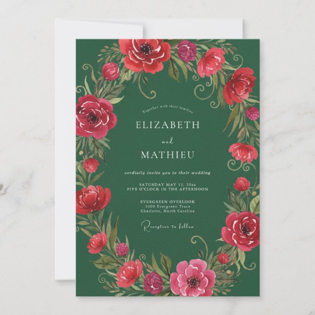 Invitación Boda con Corona de Peonía Borgoña (Anverso)