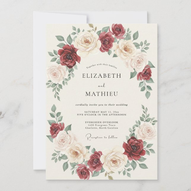 Invitación Boda con Corona de Peonía Burgundy Profundo (Anverso)