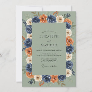Invitación Boda con corona de rosas naranjas y marinas
