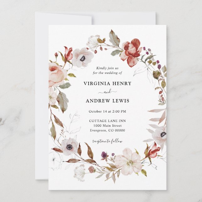 Invitación Boda con Corona Floral Boho (Anverso)