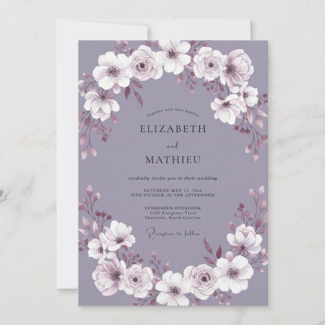 Invitación Boda con corona floral de lila (Anverso)