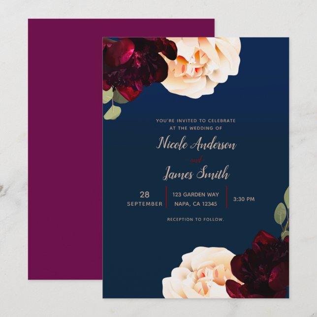Invitación Boda con crema de Marsala floral oscura y azul mar (Anverso / Reverso)