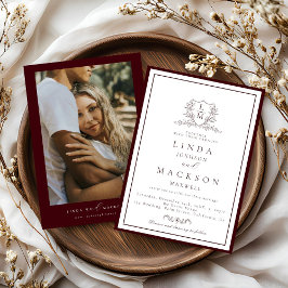 Invitación Boda con cresta botánica monograma de Borgoña y Ma