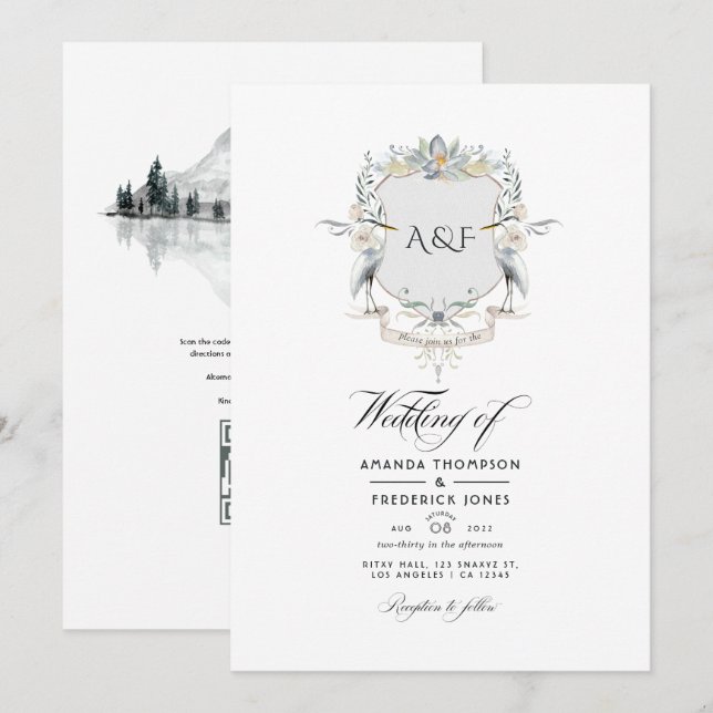 Invitación Boda con cresta de laurel de monograma junto al la (Anverso / Reverso)