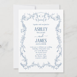 Invitación Boda con Cresta de Monograma Azul de Vid de Rosa D