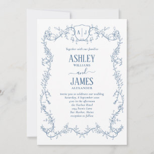 Invitación Boda con Cresta de Monograma Azul de Vid de Rosa D