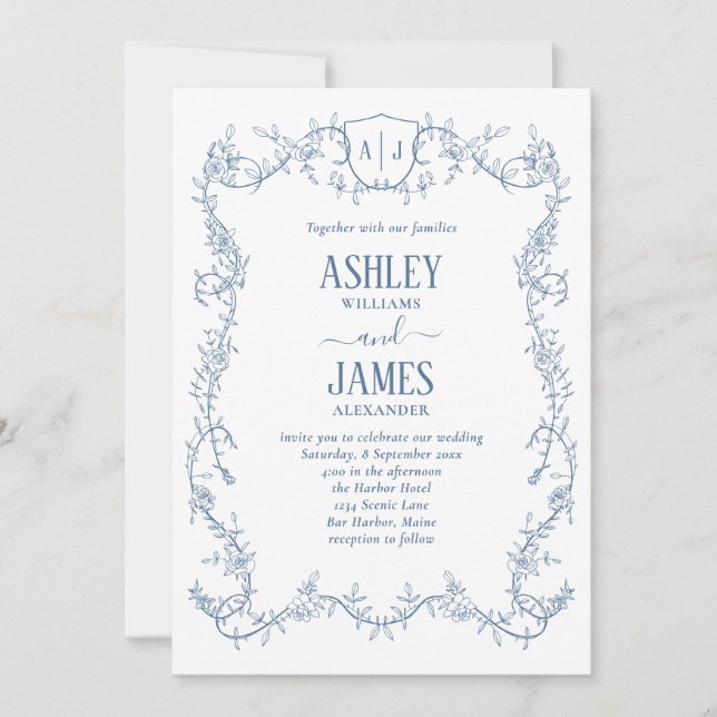 Invitación Boda con Cresta de Monograma Azul de Vid de Rosa D (Anverso)