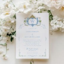 Boda con Cresta de Monograma Azul Rococó