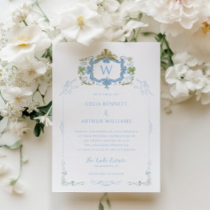 Invitación Boda con Cresta de Monograma Azul Rococó