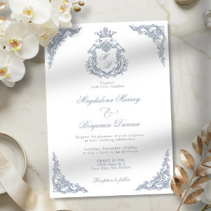 Invitación Boda con cresta de monograma de azul polvoriento y