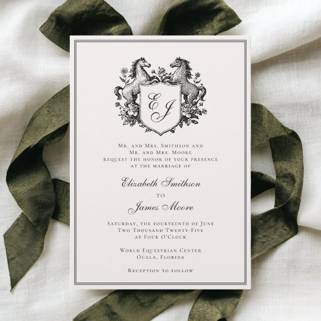 Invitación Boda con cresta de monograma de caballo elegante e (Subido por el creador)