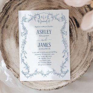 Invitación Boda con Cresta de Monograma de Vid Azul Rosa Diva