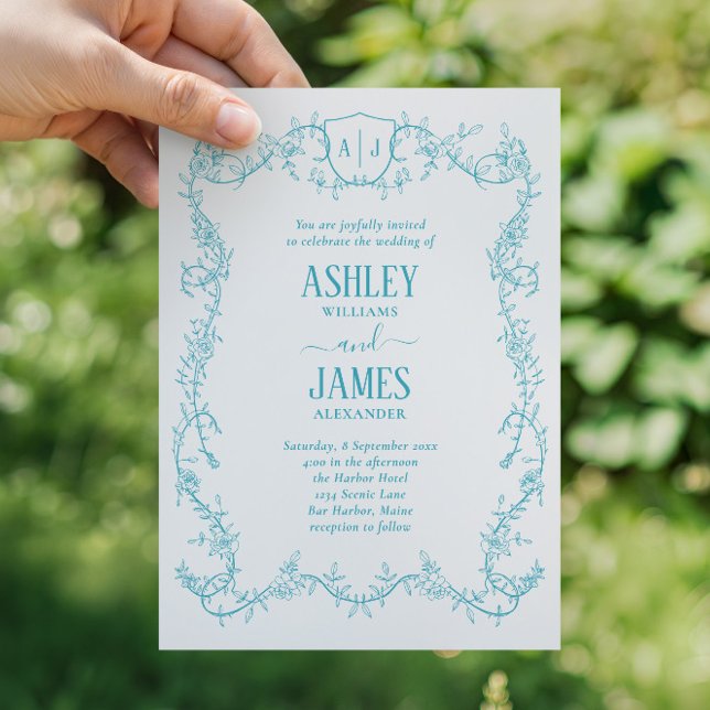 Invitación Boda con Cresta de Monograma Turquesa Rosa Divagan (Subido por el creador)