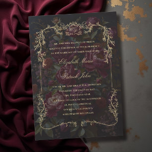 Invitación Boda con Cresta Dorada Botánica Victoriana Oscura 