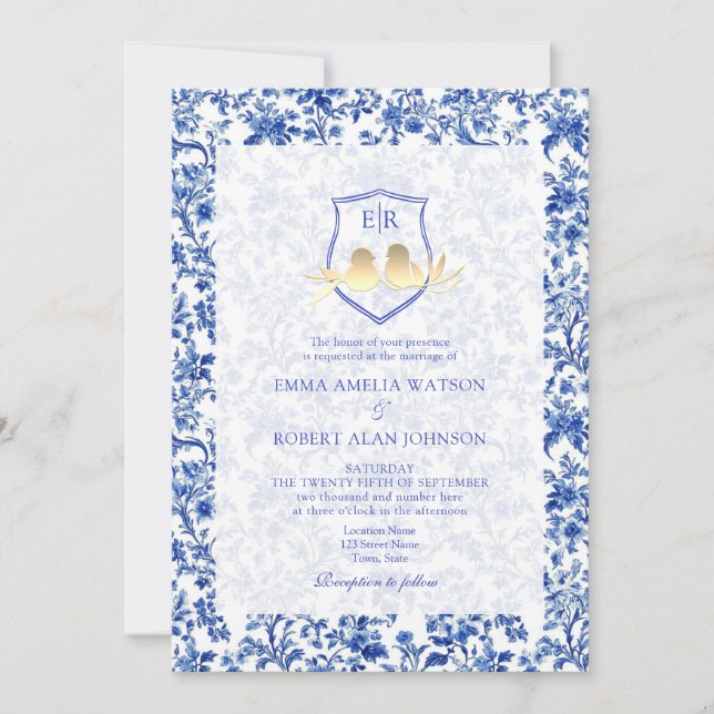 Invitación Boda con Cresta Floral Azul de Toile Francés (Anverso)