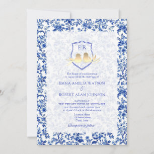 Invitación Boda con Cresta Floral Azul de Toile Francés