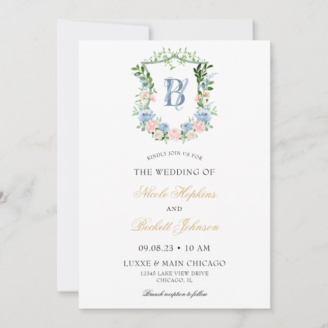 Invitación Boda con Cresta Floral Azul Polvoriento (Anverso)