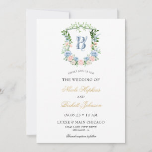 Invitación Boda con Cresta Floral Azul Polvoriento