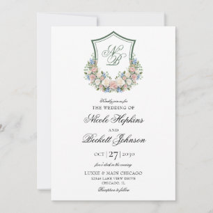 Invitación Boda con Cresta Floral Azul Polvoriento