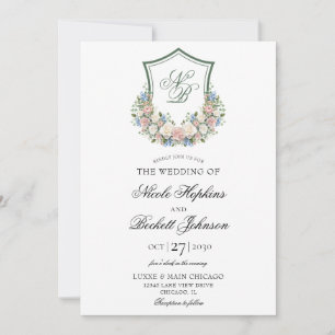 Invitación Boda con Cresta Floral Azul Polvoriento